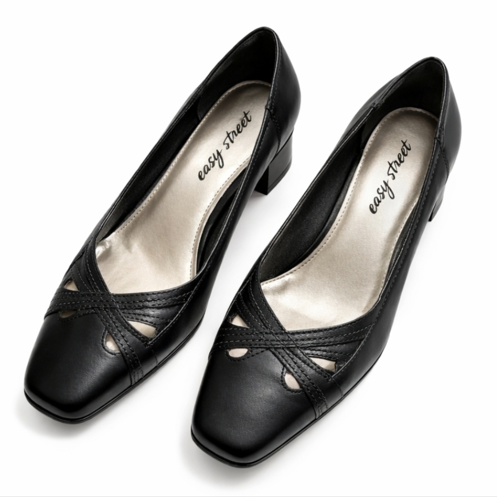 Easy Street Black Leather Mobwife Business Casual Low Block Heels Sz 10N